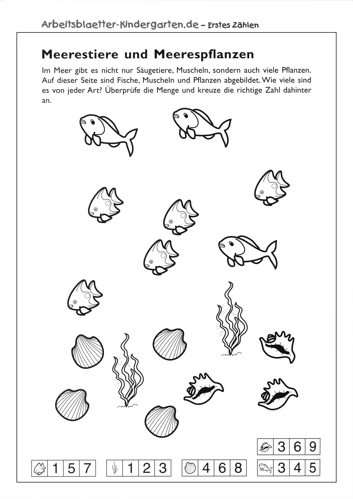 Arbeitsblatt Erstes Zaehlen - Fische zählen